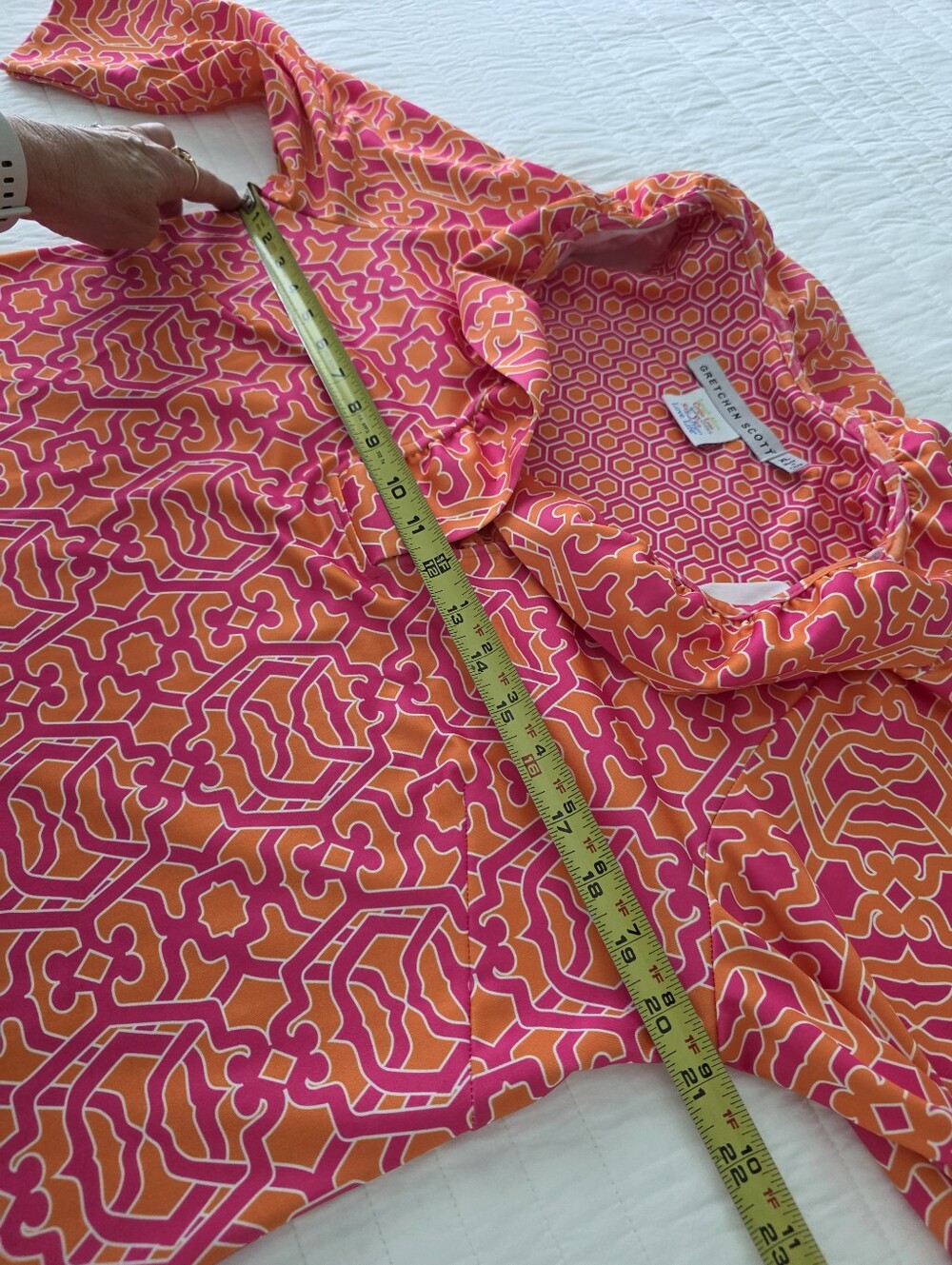 Gretchen Scott Ruffle Neck In Rio Grace Pink and Orange Patterned Dress - Picture 7 of 16